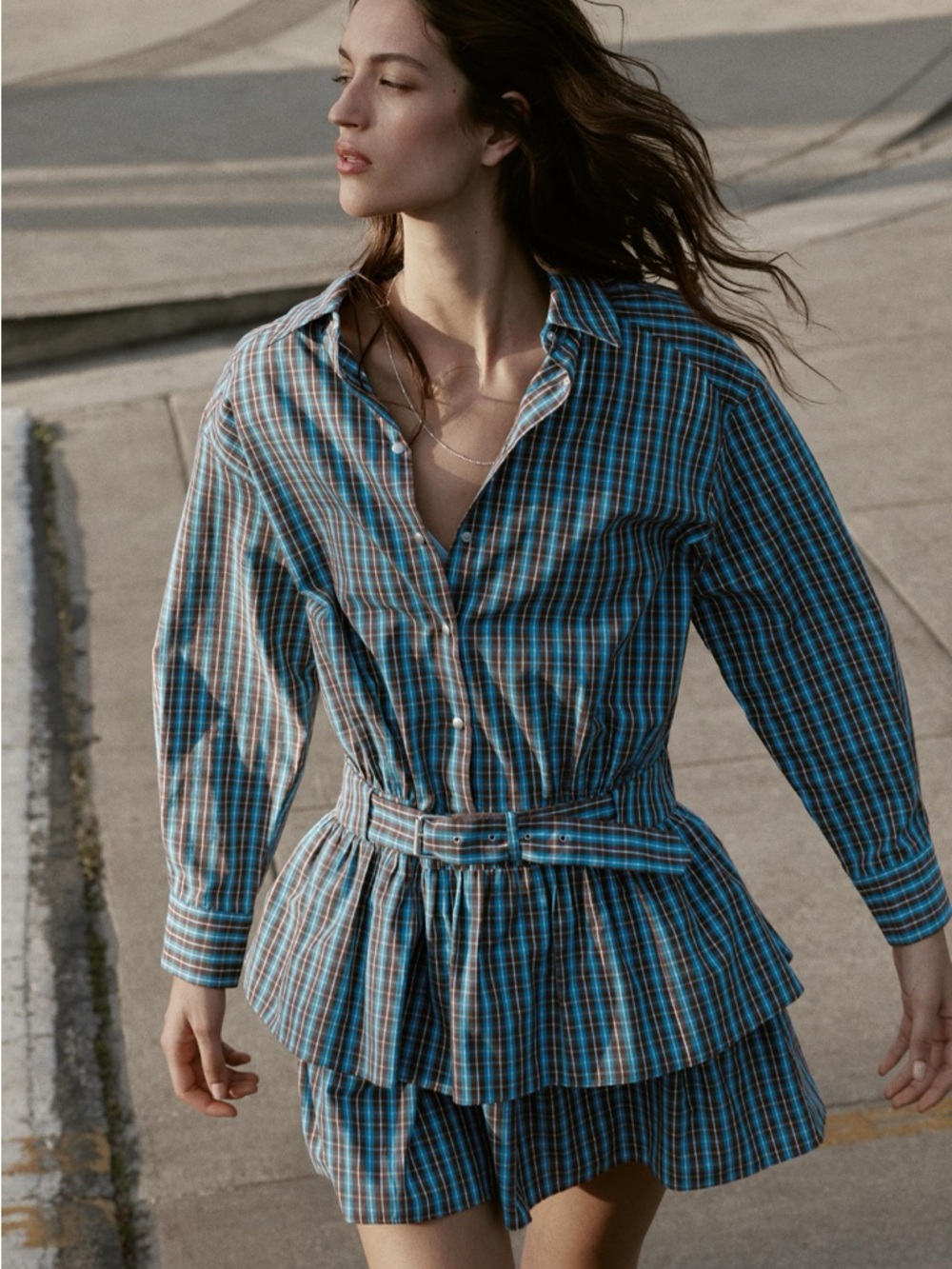 Zara Blue and Brown Checked Belted Peplum Button-Down